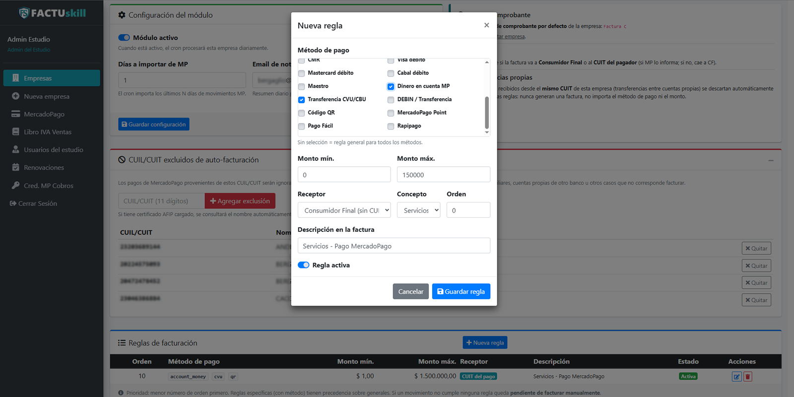 Configuración de reglas de auto-facturación en FACTUskill